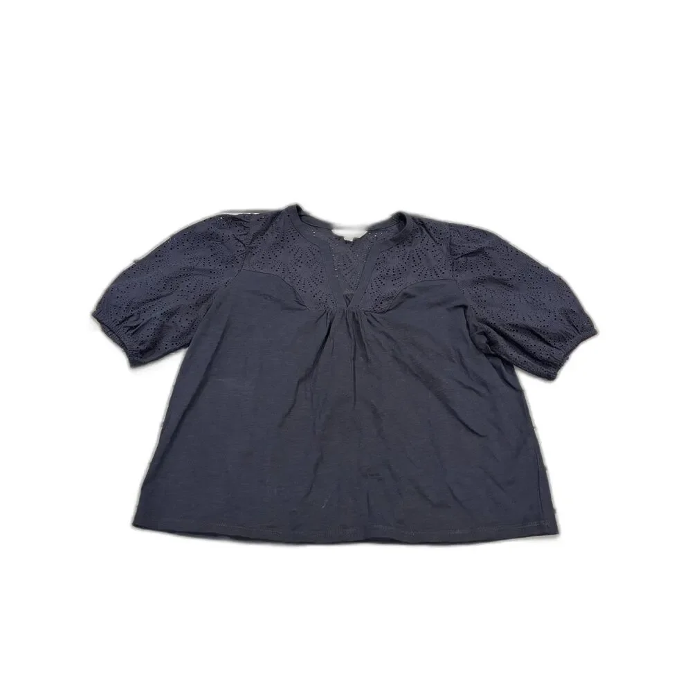 Boden Blouse Womens Size 14 Navy Blue Puff Sleeve Eyelet